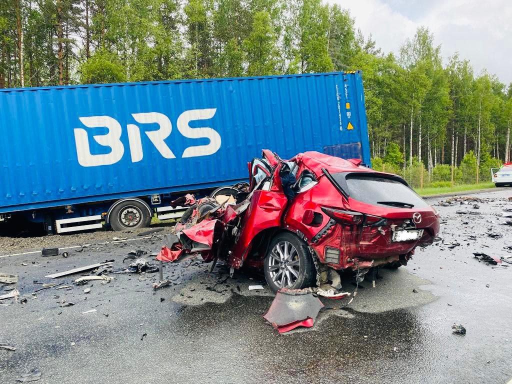 На трассе «Кола» в Ленобласти Mazda влетела в фуру, которая зацепила  рейсовый автобус | Вечёрка